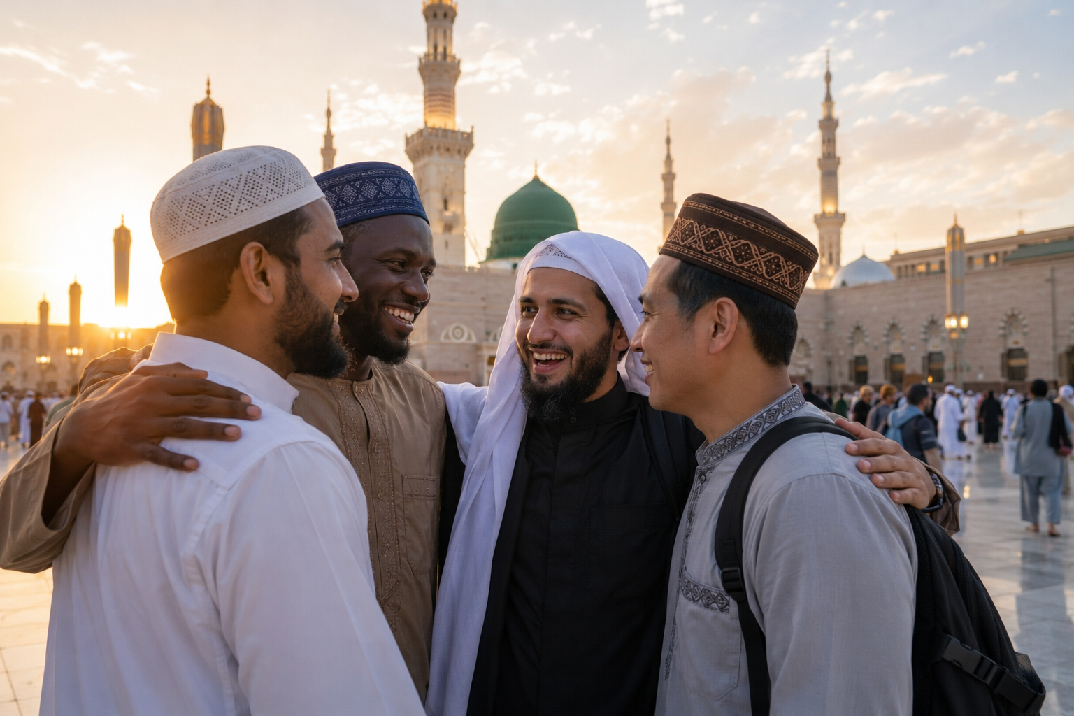 Pilgrims embrace at sunset